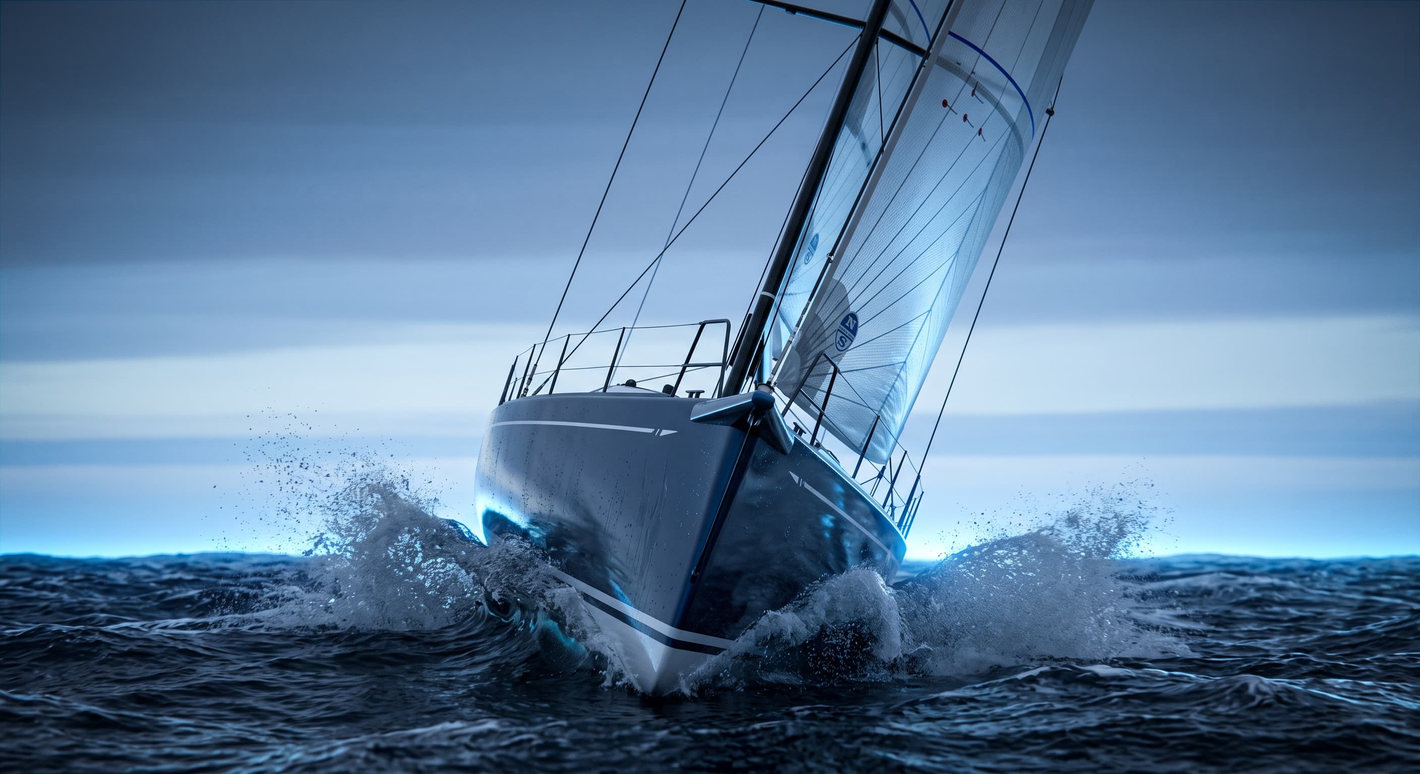 Segelyacht bei frischem Wind in der Nordsee, Bugansicht mit aufspritzender Gischt